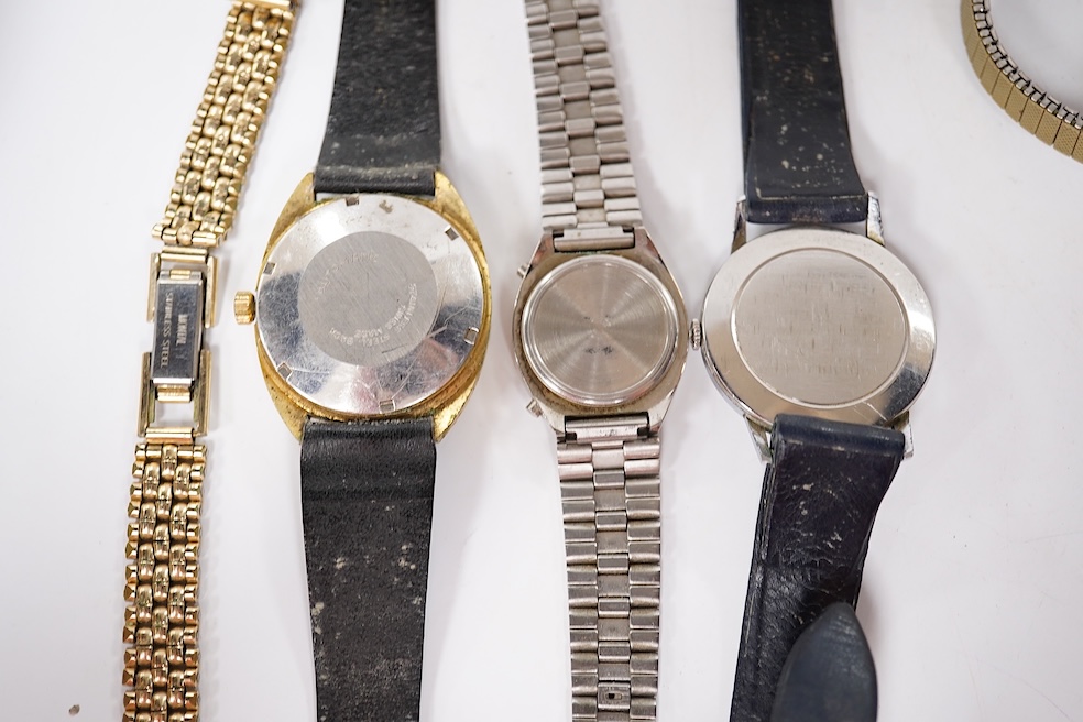A collection of seven gentleman's assorted mainly steel wrist watches including two Tissot, a Timex, Ingersoll, Montine, Kingston and Sekonda, together with six assorted lady's mainly steel wrist watches including Seiko,
